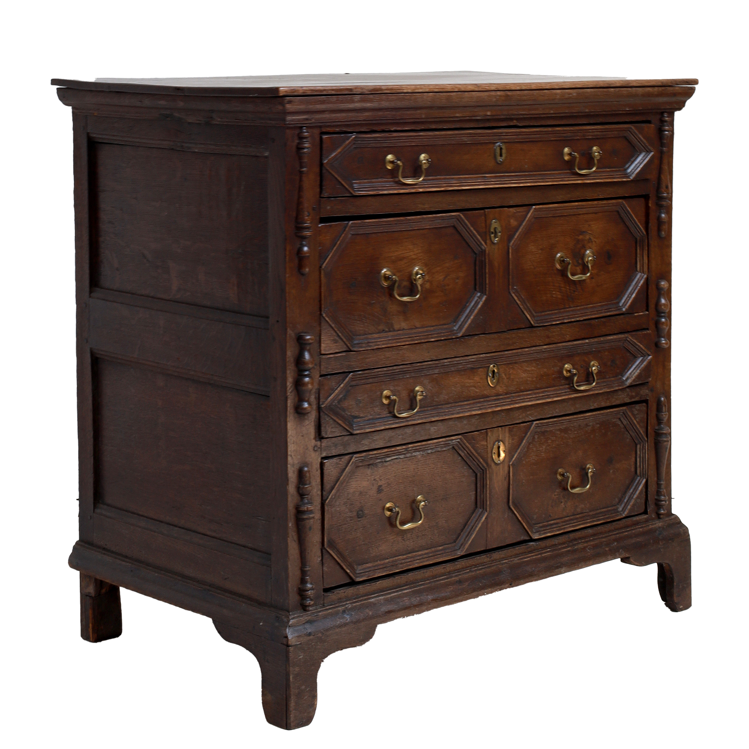 Wooden dresser with multiple drawers on a white background