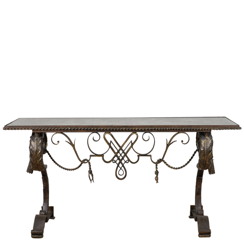 Decorative table with intricate metalwork on a white background