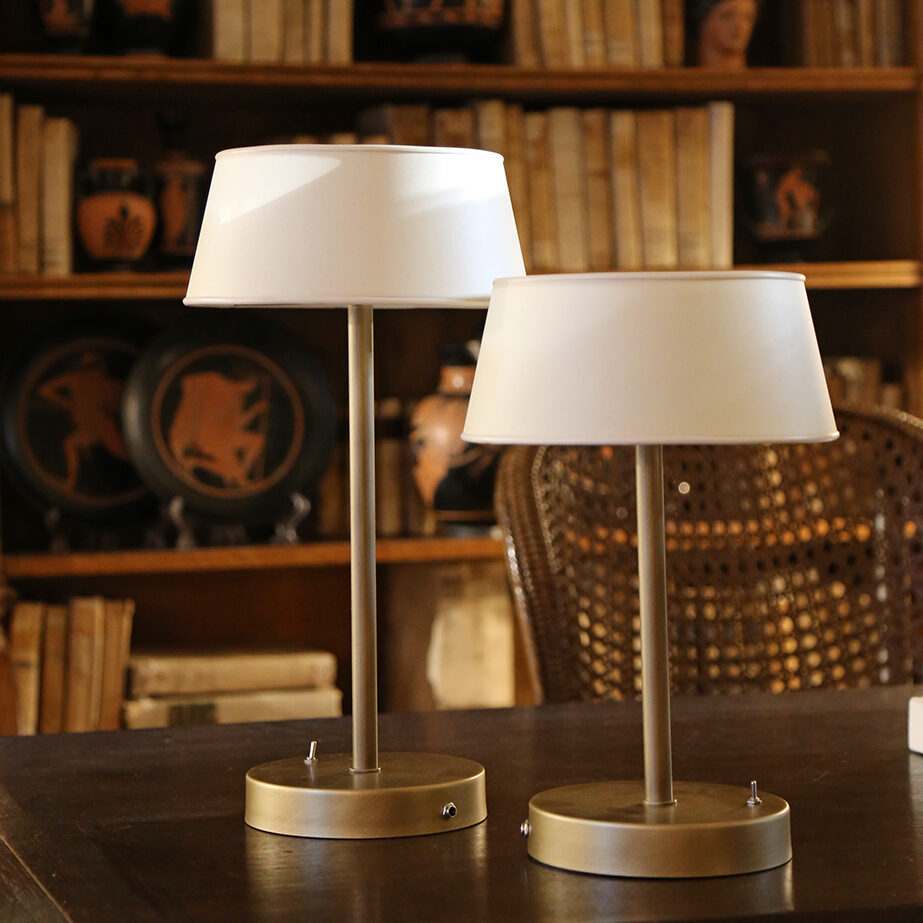 Two table lamps with white shades on a wooden surface with a bookshelf in the background.