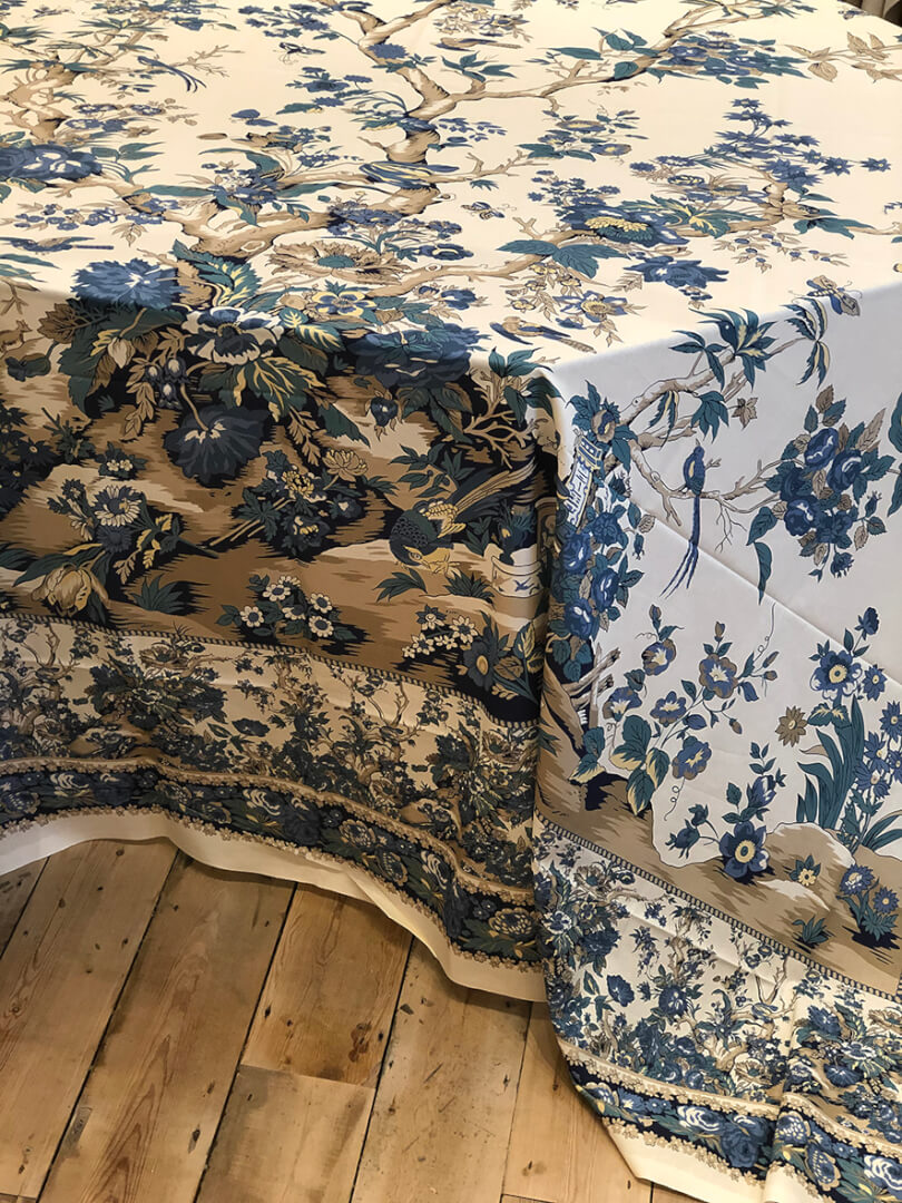 Blue-Caramel on Ecru Tablecloth.Vignette.Side WS