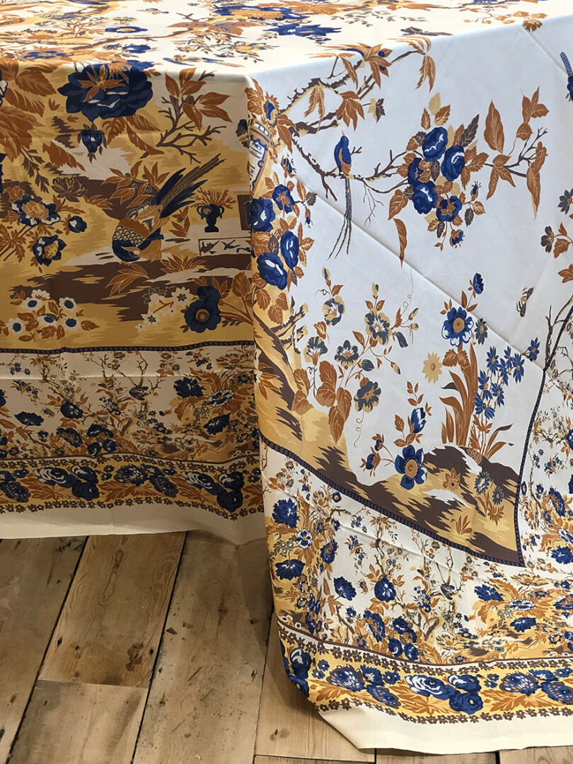 Blue-Yellow on Ivory Tablecloth.Vignette.Side WS