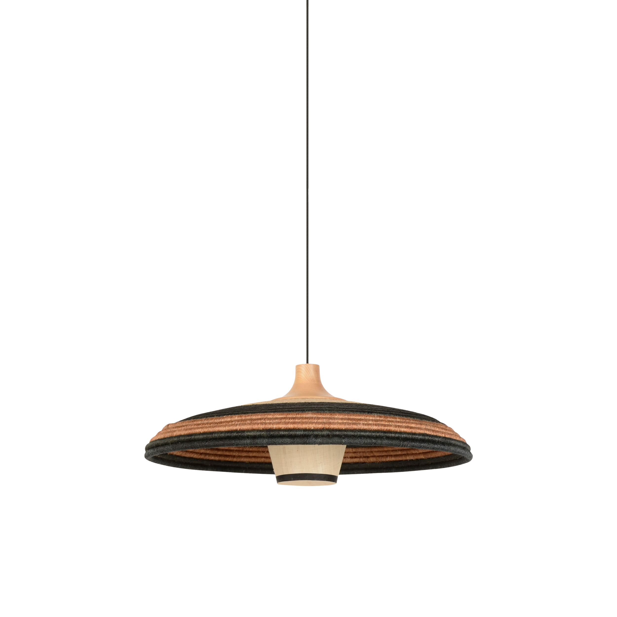 Pendant light with wooden finish on a white background