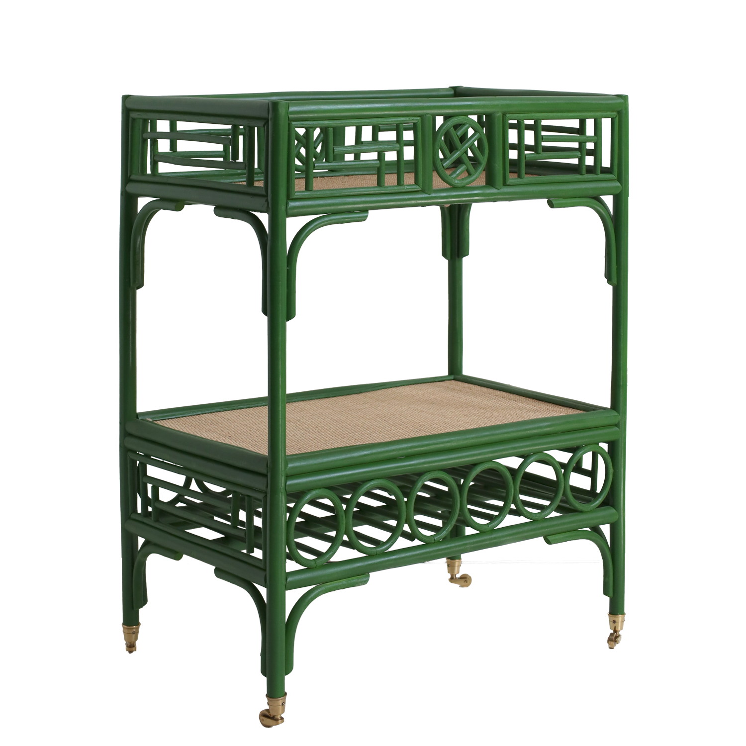 Green rattan bar cart with woven top shelves on a white background