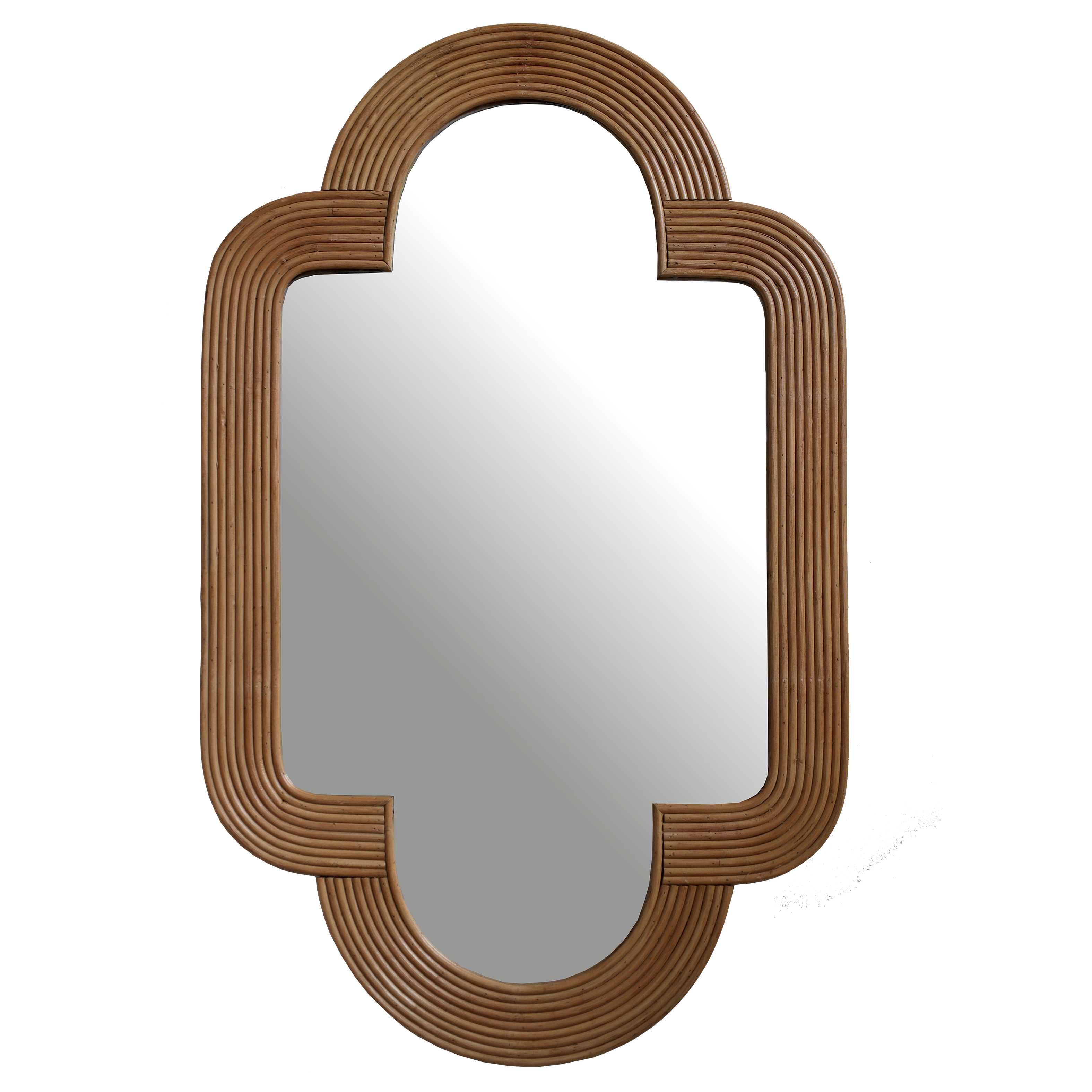 Decorative mirror with a brown, wicker-like frame on a white background
