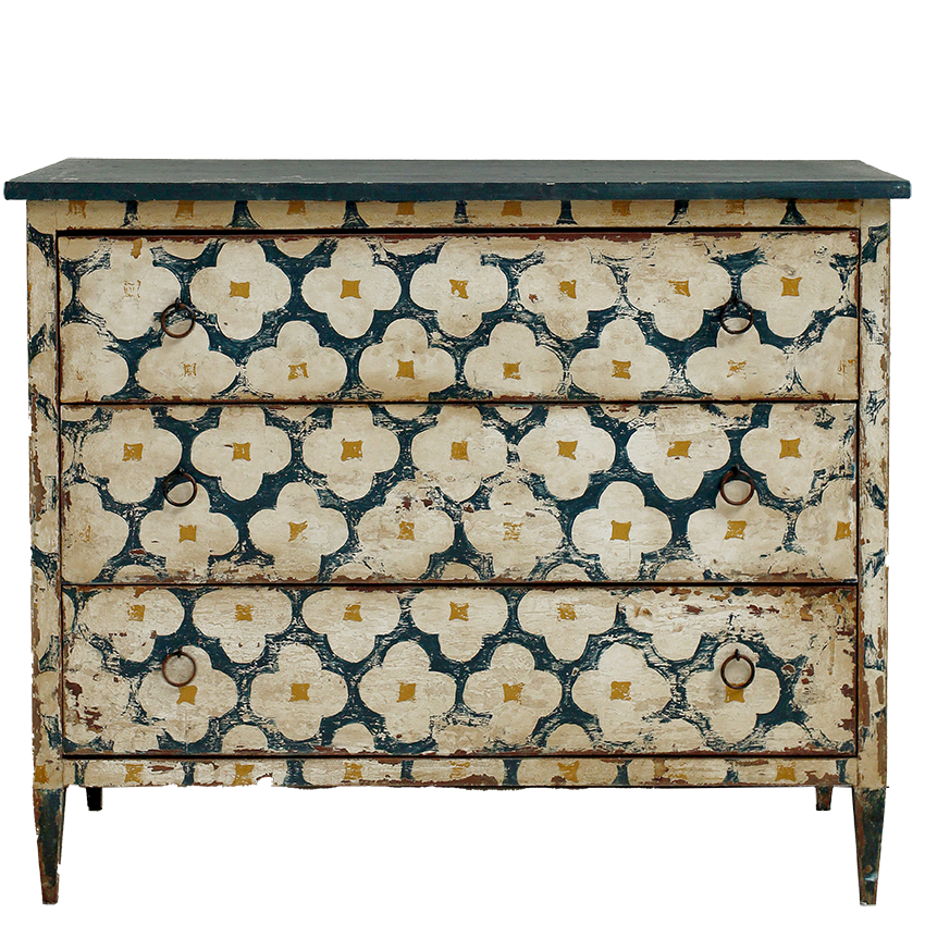 Decorative chest of drawers with floral pattern on a white background