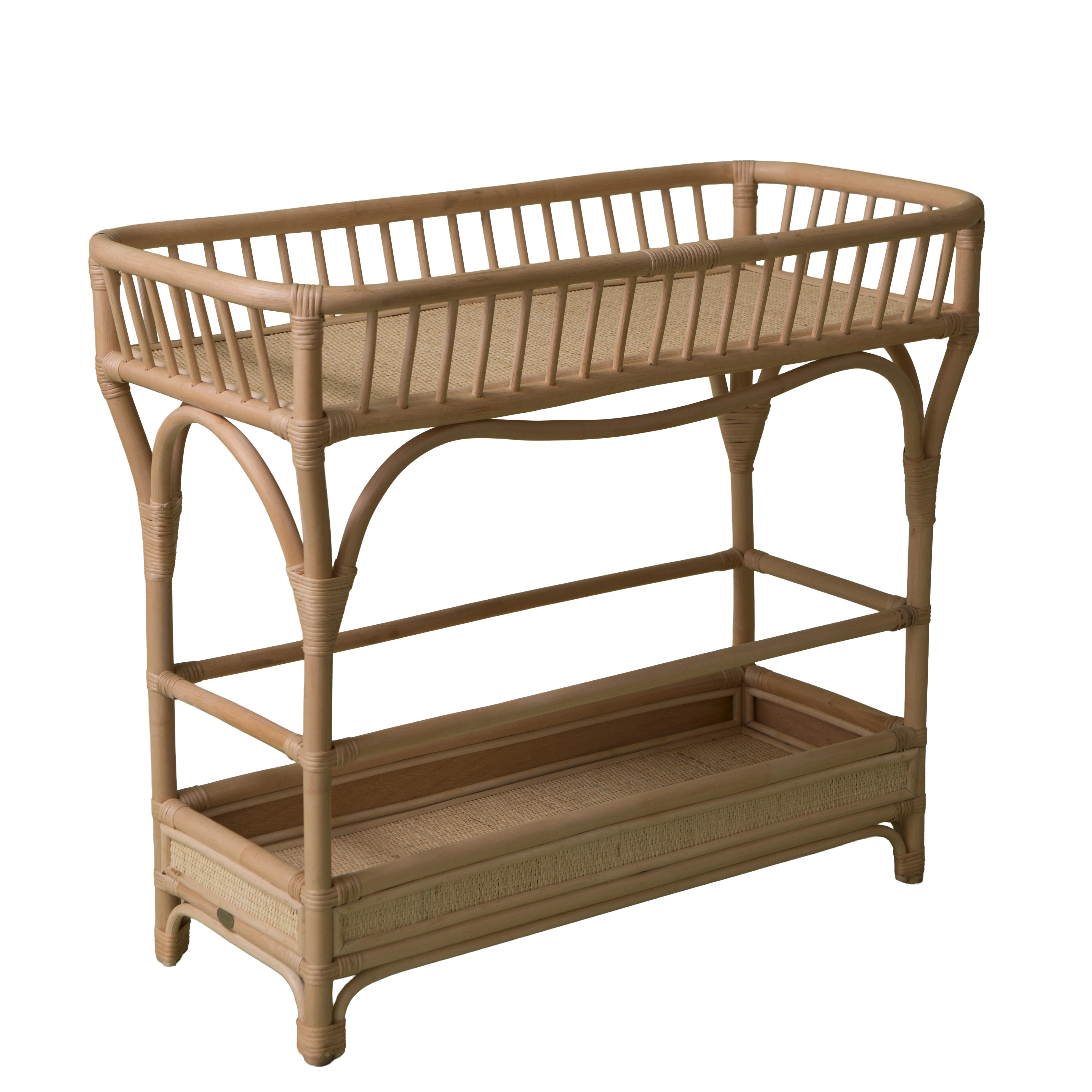 Beige rattan bar cart on a transparent background