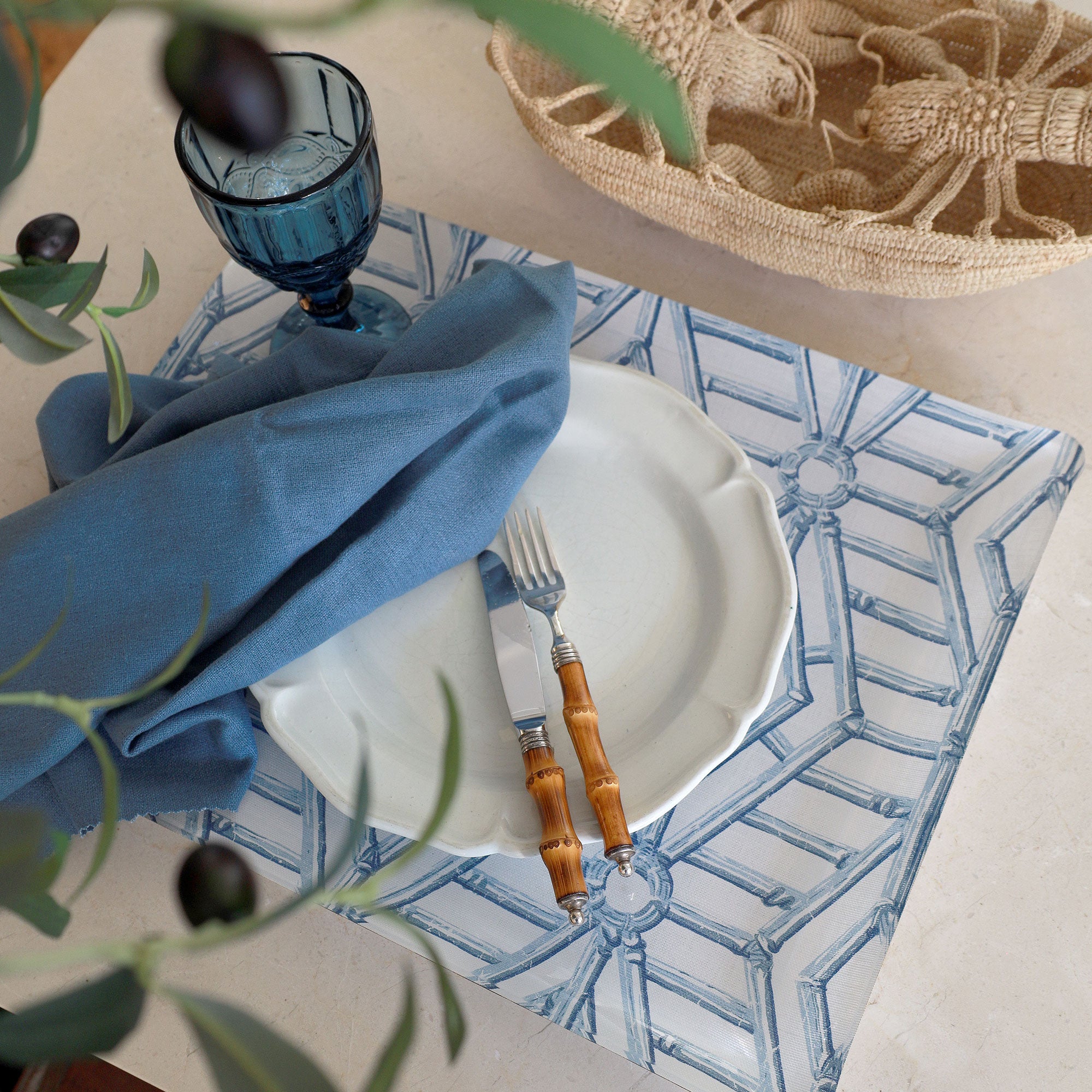 Bamboo Cane Large Tray - Blue on White