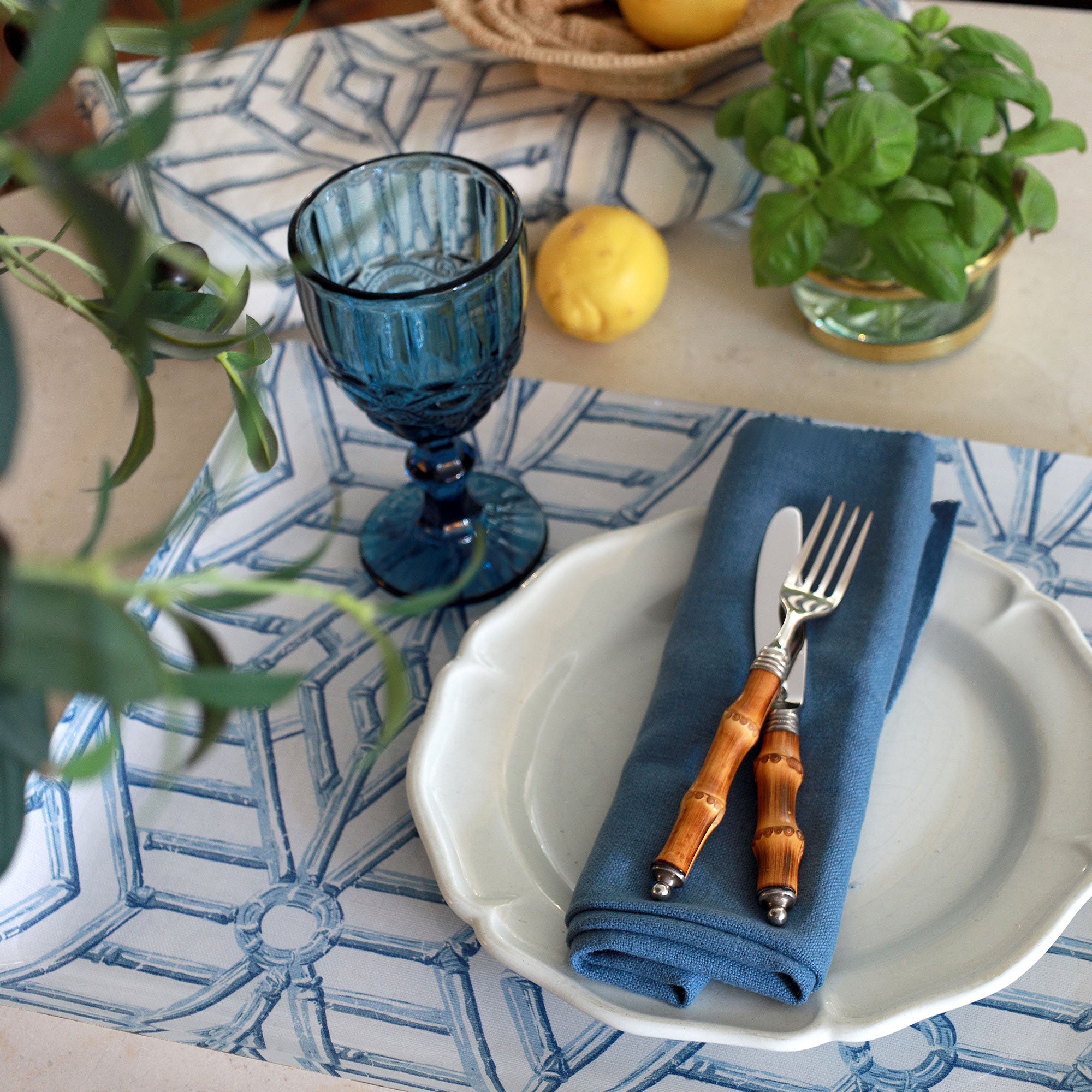 Bamboo Cane Large Tray - Blue on White