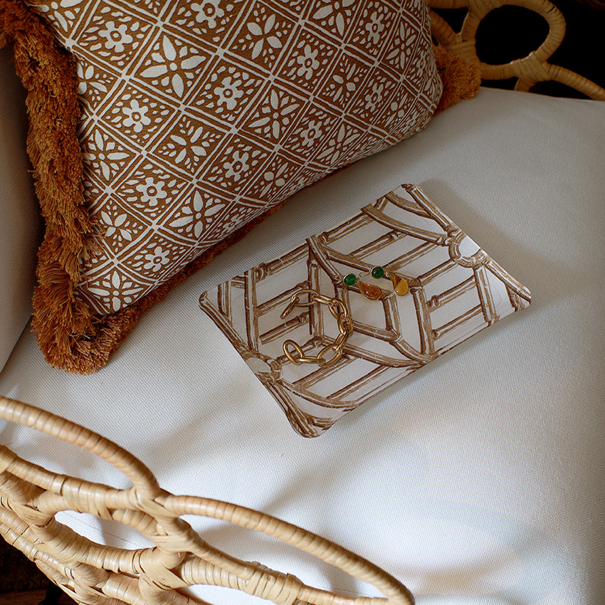 Bamboo Cane Large Tray - Brown on White