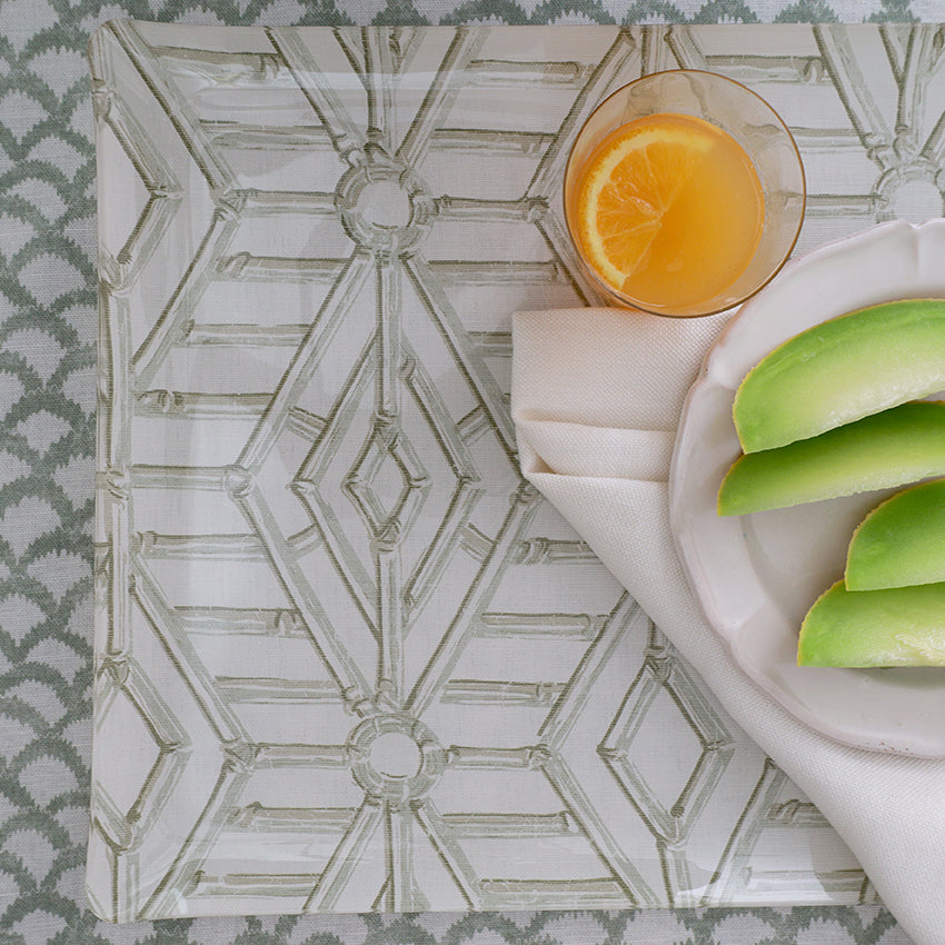 Bamboo Cane Large Tray - Celadon on White