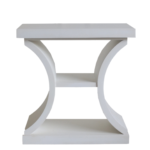 White side table with curved legs on a white background