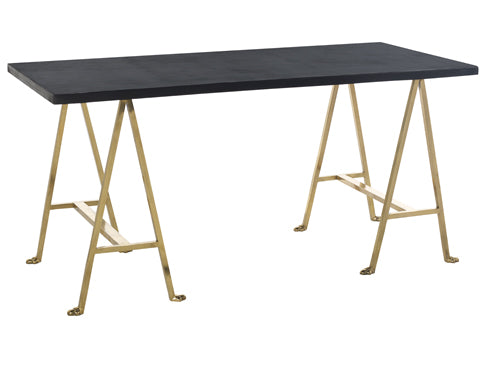 Table with black top and gold metal legs on a white background