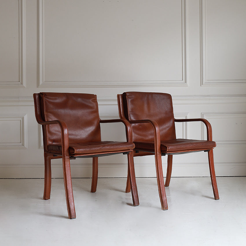 Pair of Mid-Century Quinet Leather Armchairs