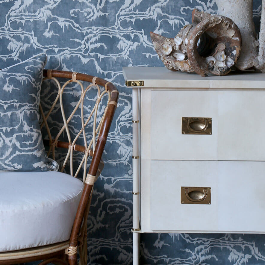 STORAGE COVER Vignette.Riviere Blue.Vellum Chest of Drawers.Virginia Chair LR