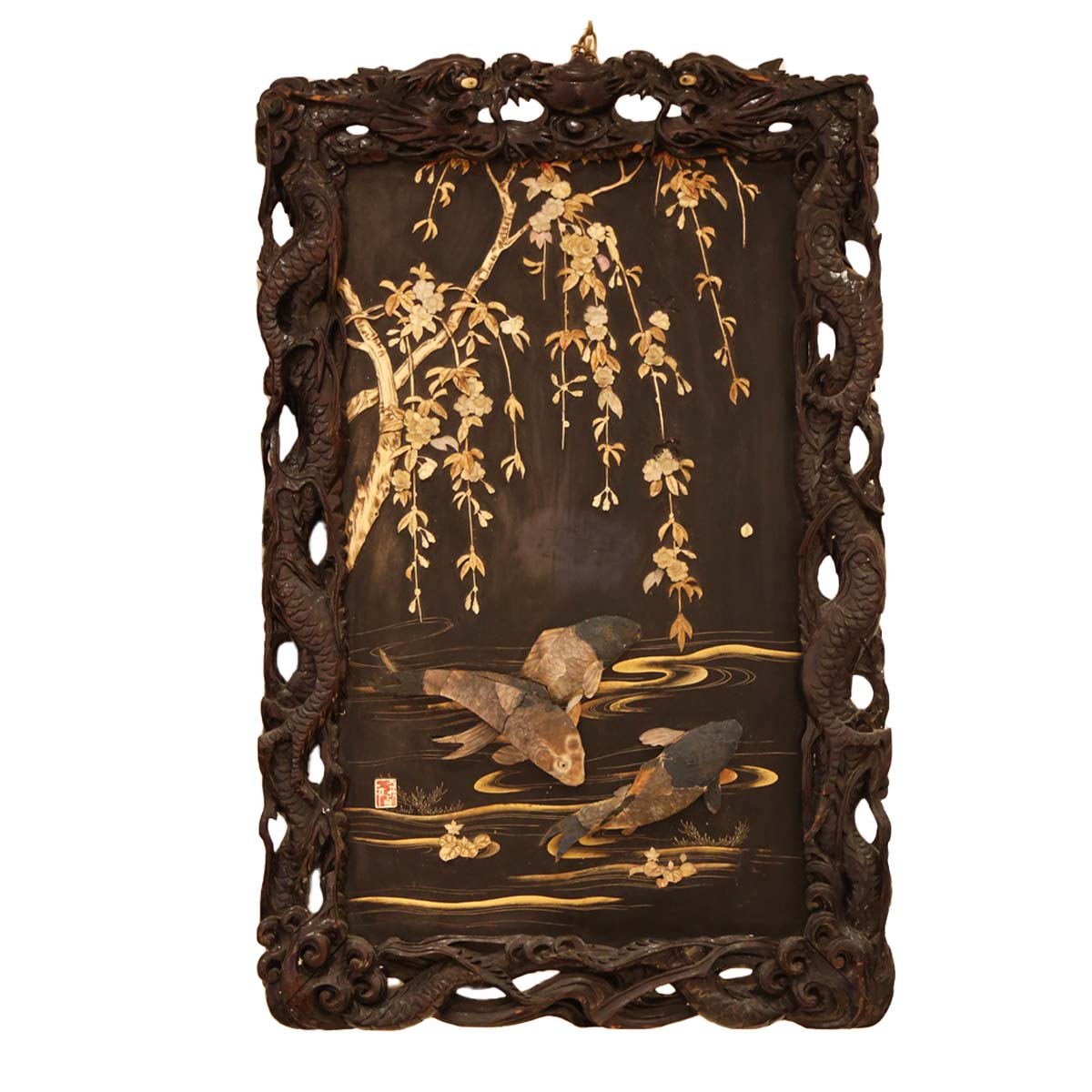 Set of 3 19th Century Chinese Carved Lacquered Panels