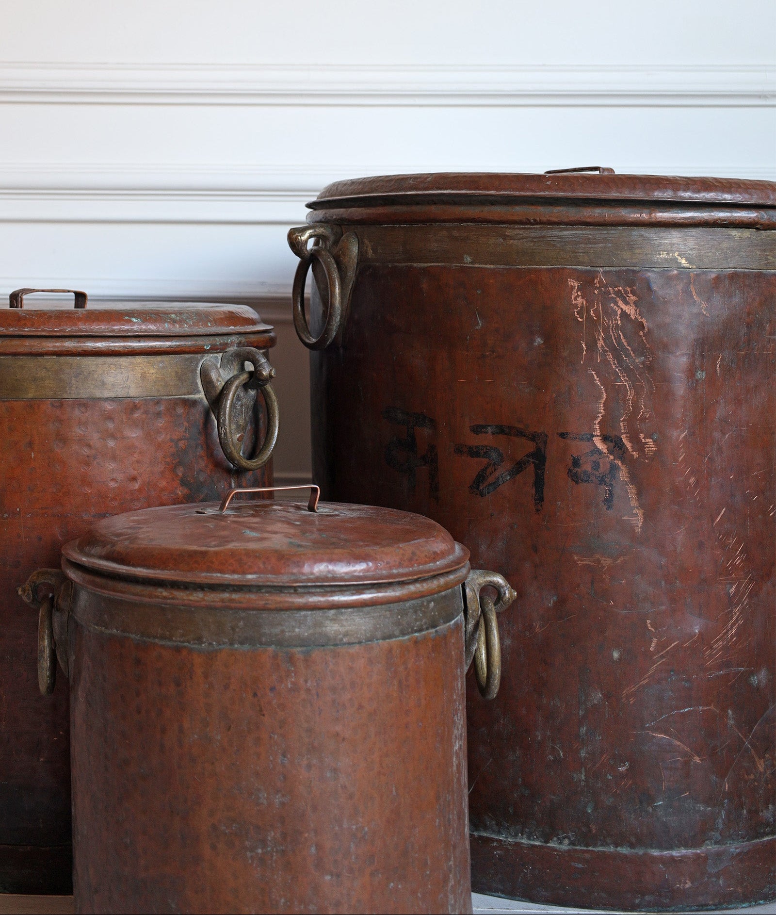 Set of 3 Antique Indian Hammered Copper Pots