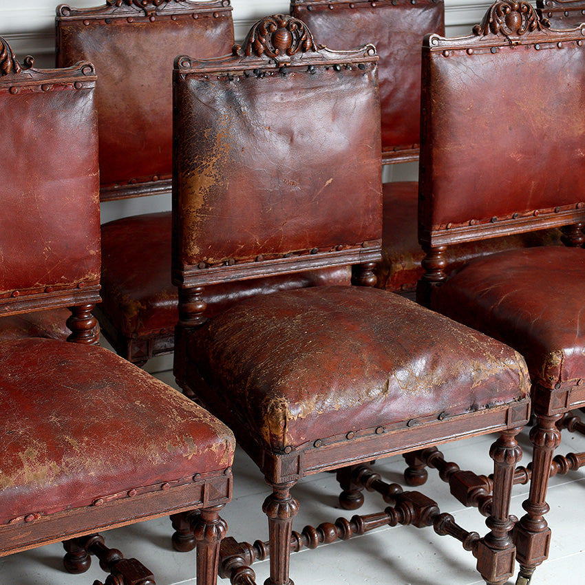 Set of 8 19th Century Scottish Oak & Leather Dining Chairs