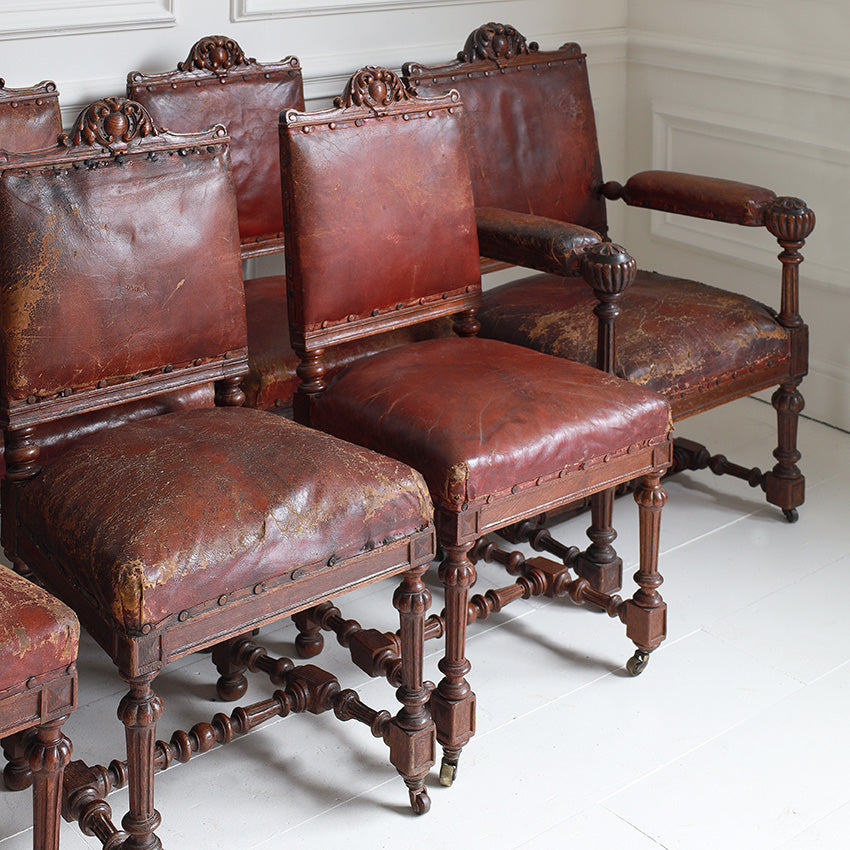 Set of 8 19th Century Scottish Oak & Leather Dining Chairs