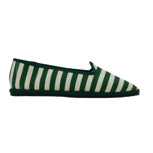 Green and white striped flat shoe on a white background