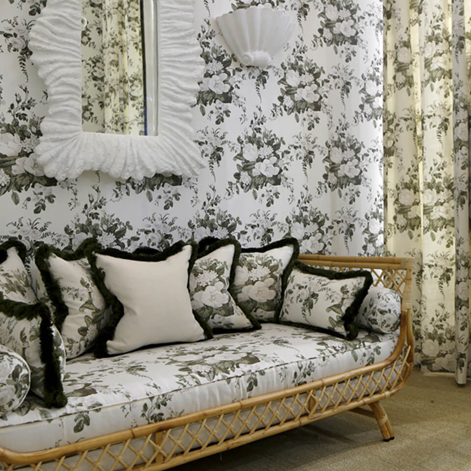 Vignette.Aurora Green.Freya Daybed.Cut Ruche Olive Green.Fluted Shell Wall Light