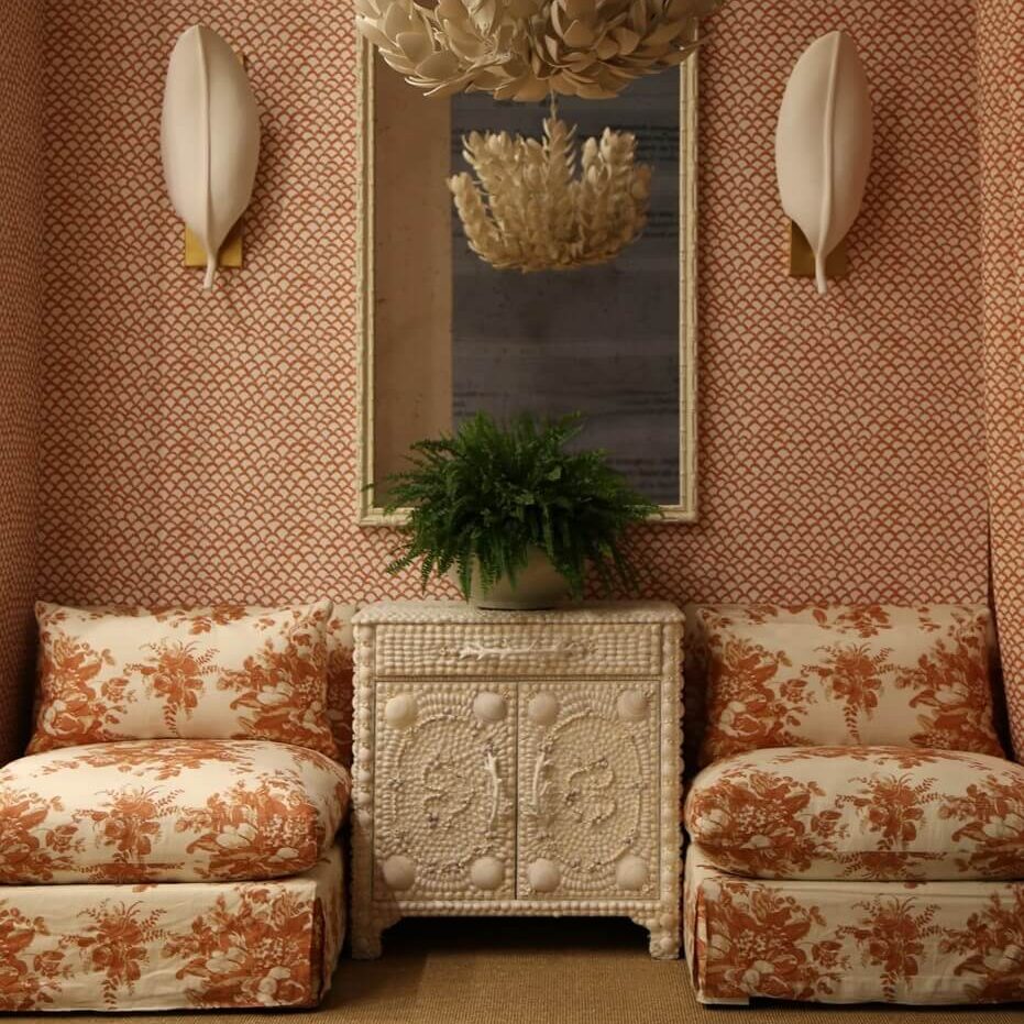 Vignette.Aurora Terracotta.Roche Orange.Coco Magnolia Light.Double Bamboo Mirror White.Truro Cabinet.Martine Wall Light