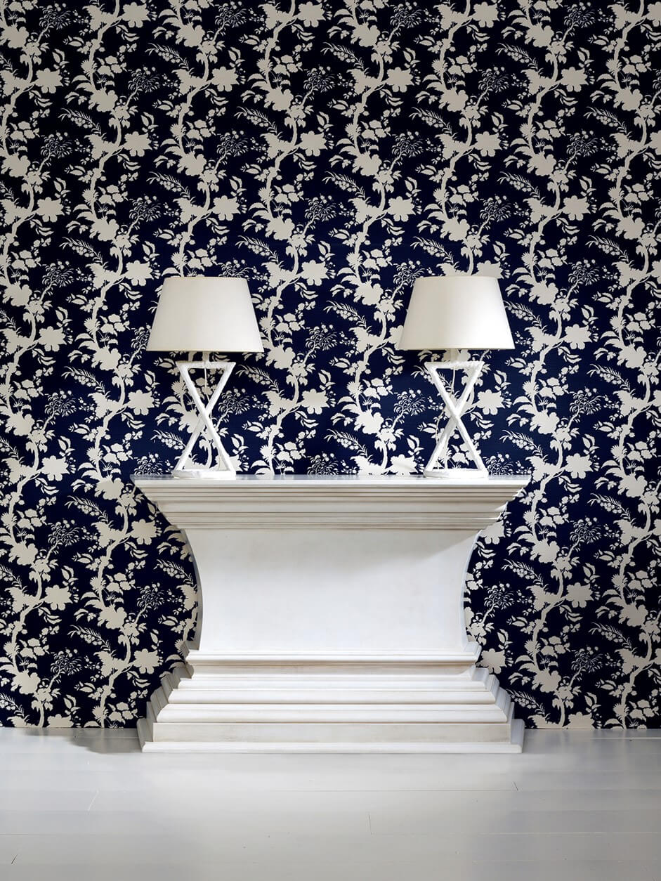 Vignette.Beijing Blossom Blotched Navy.Bramante Console.Jean Table Lamp