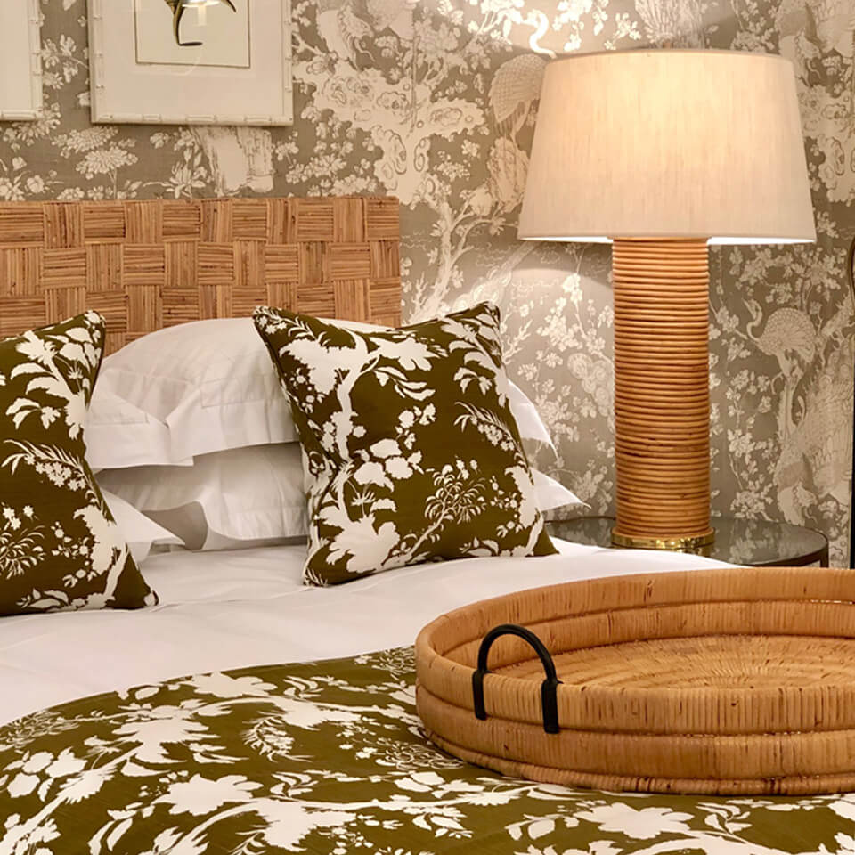 Vignette.Beijing Blossom Blotched Olive.Gili Tray.Verona Table Lamp Honey