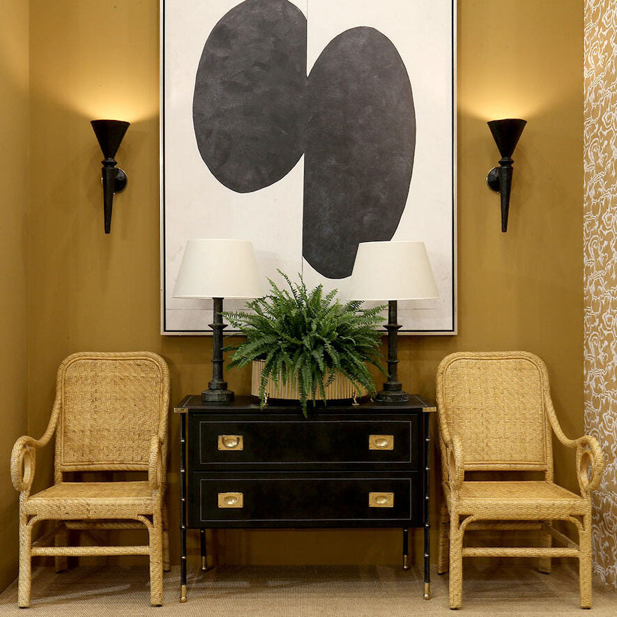 Vignette.M&O19.Dayak Chair Honey.Leather Chest of Drawers.Miro Wall Light.Germain Table Lamp.LR