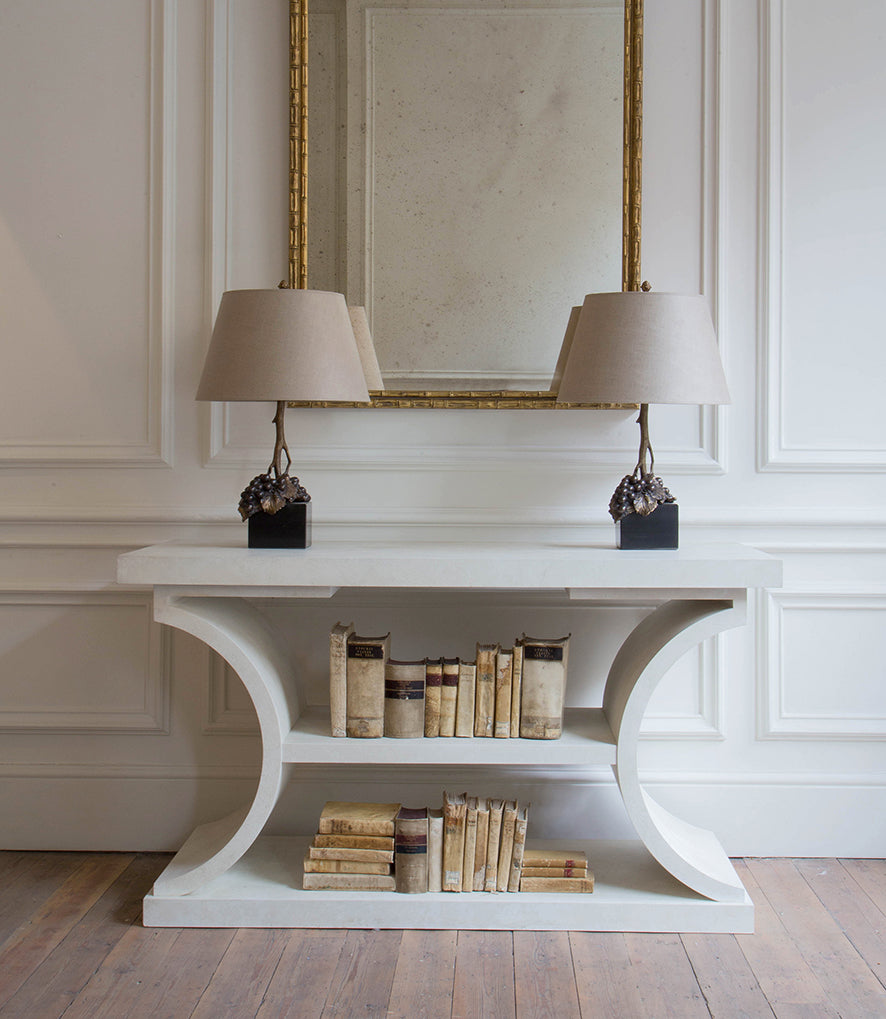 Vignette.Myriad Console.Double Bamboo Mirror.Grape Table Lamp.LR