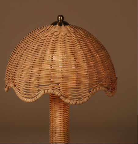 Wicker lamp with a scalloped edge on a gray background