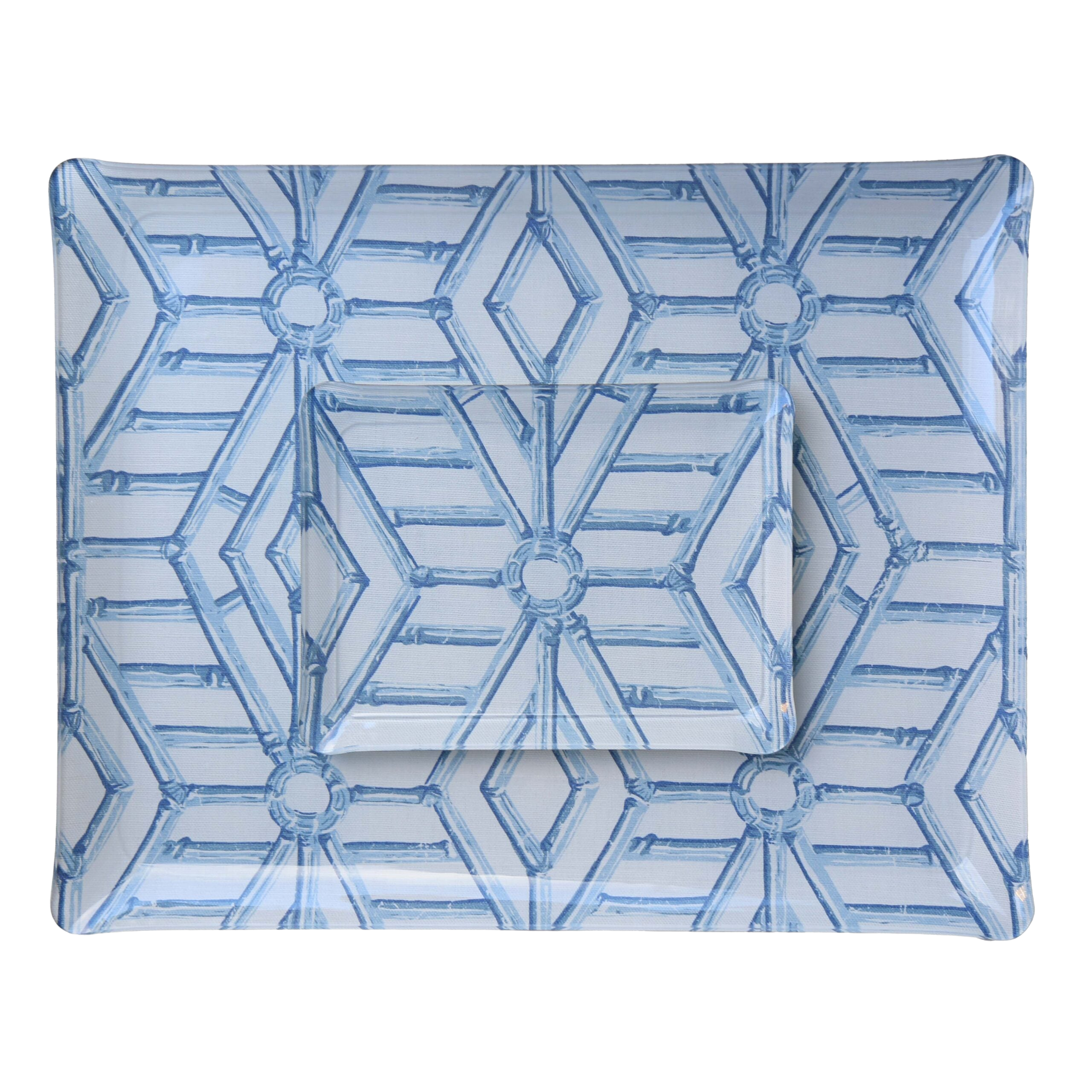 Bamboo Cane Large Tray - Blue on White