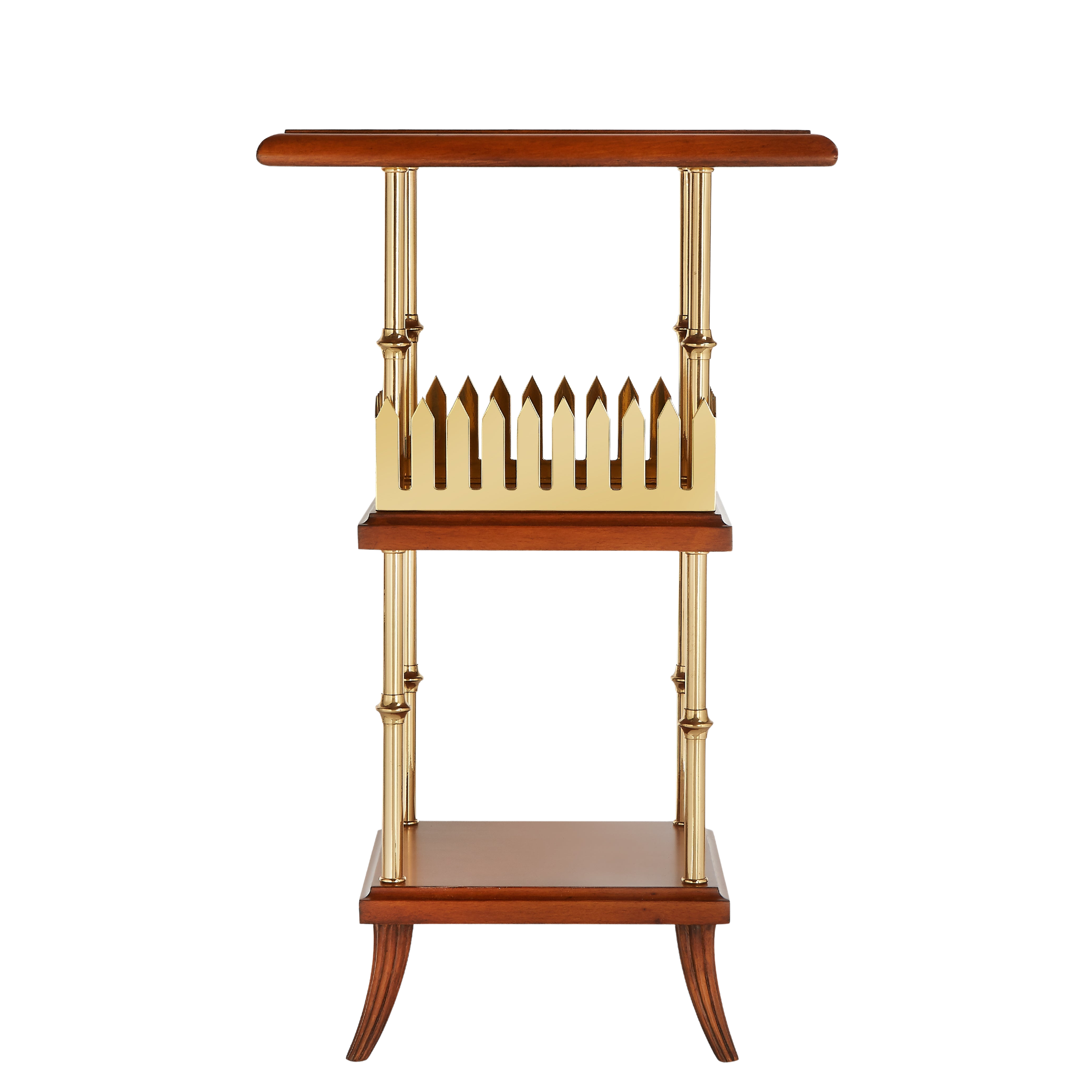 Wooden shelf with gold accents on a white background