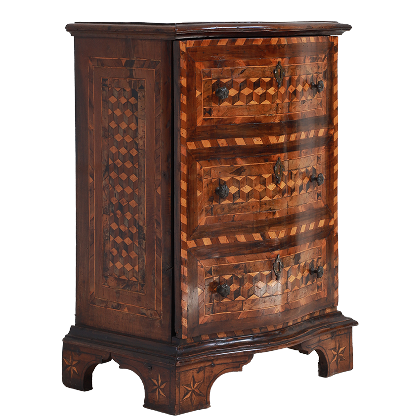 Wooden cabinet with intricate patterns and designs on a white background