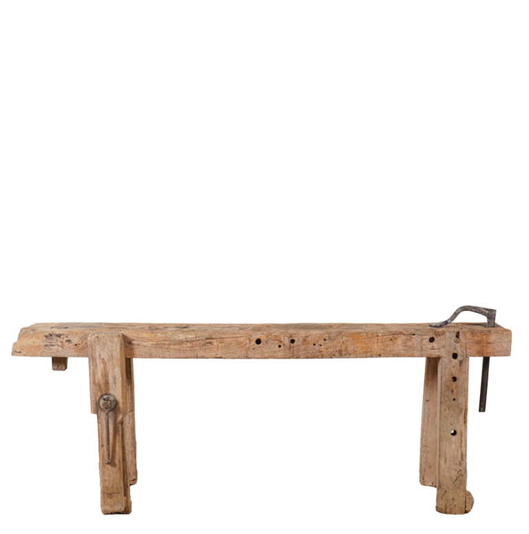 Wooden workbench with metal brackets on a white background