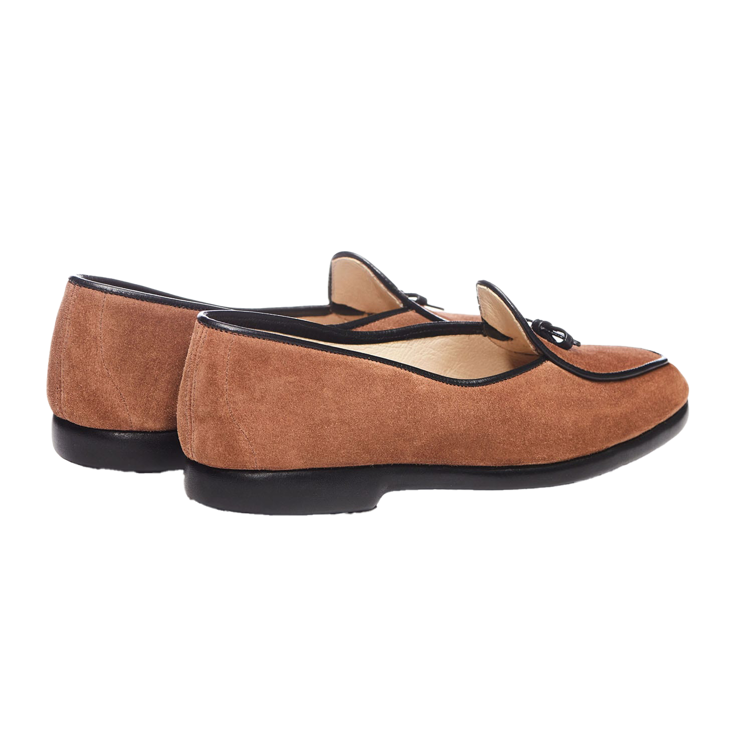 Pair of brown loafers with black accents on a white background