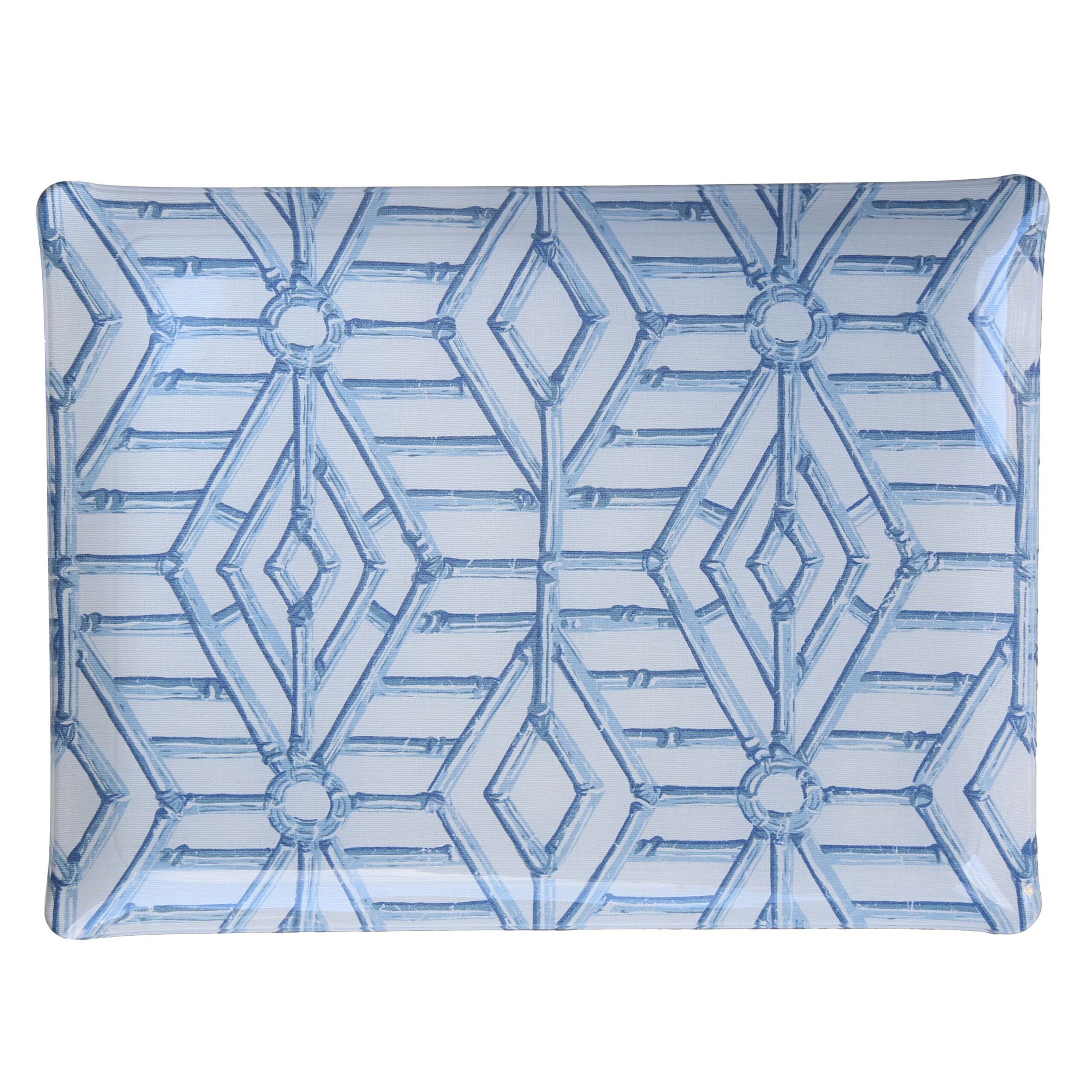 Bamboo Cane Large Tray - Blue on White