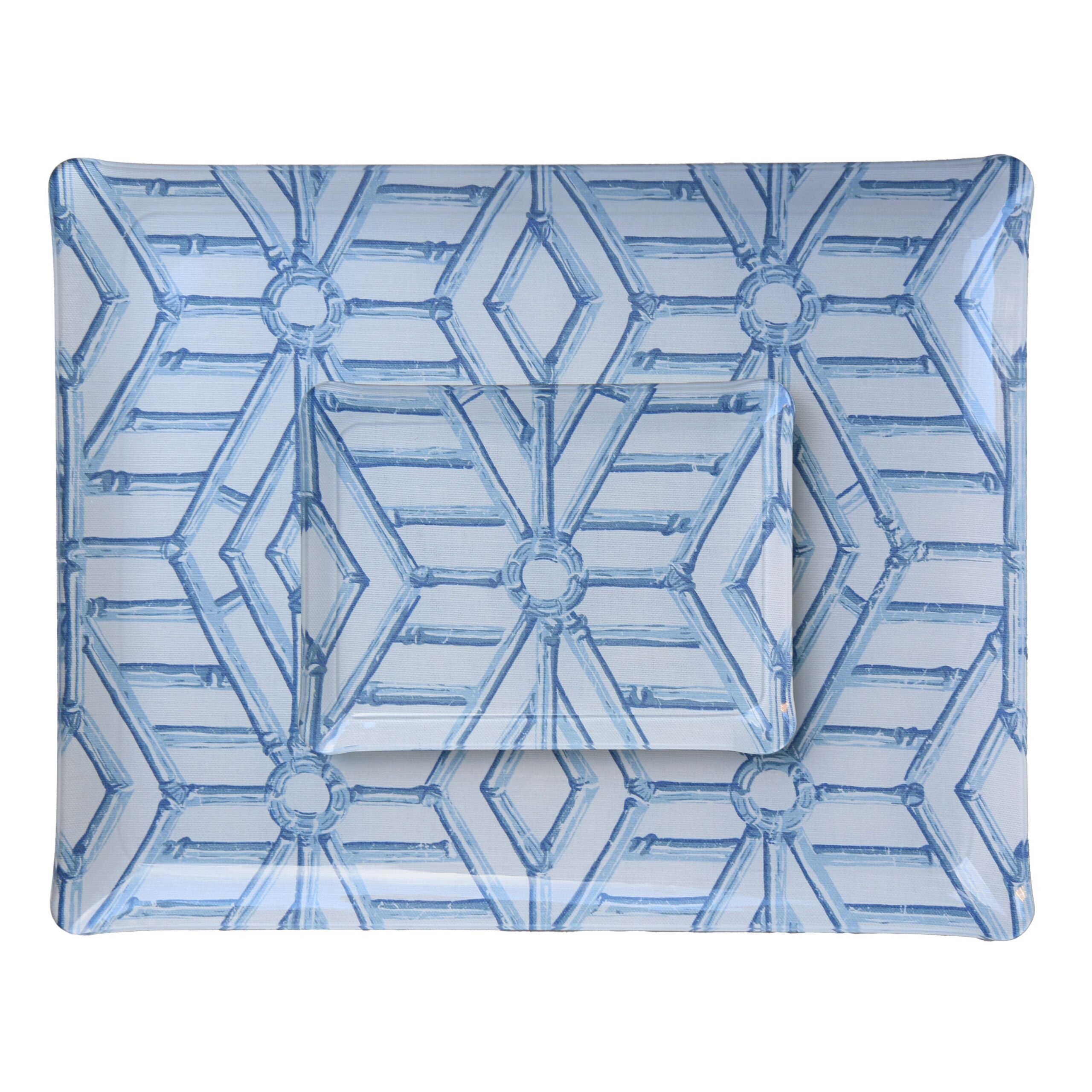 Bamboo Cane Large Tray - Blue on White