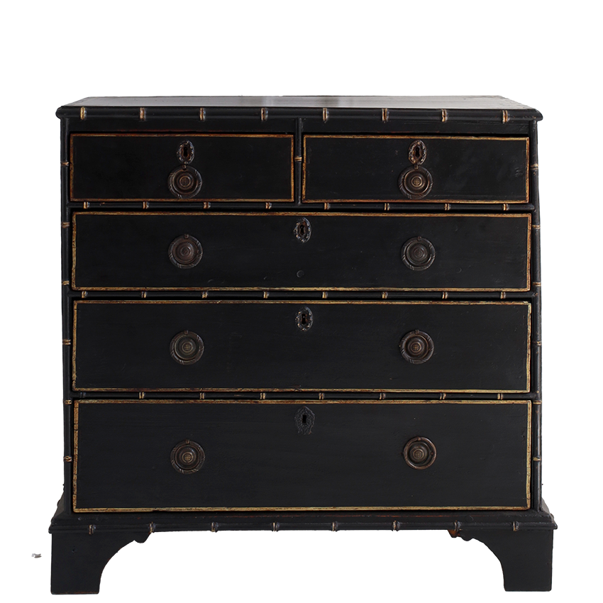 Black dresser with gold accents on a white background