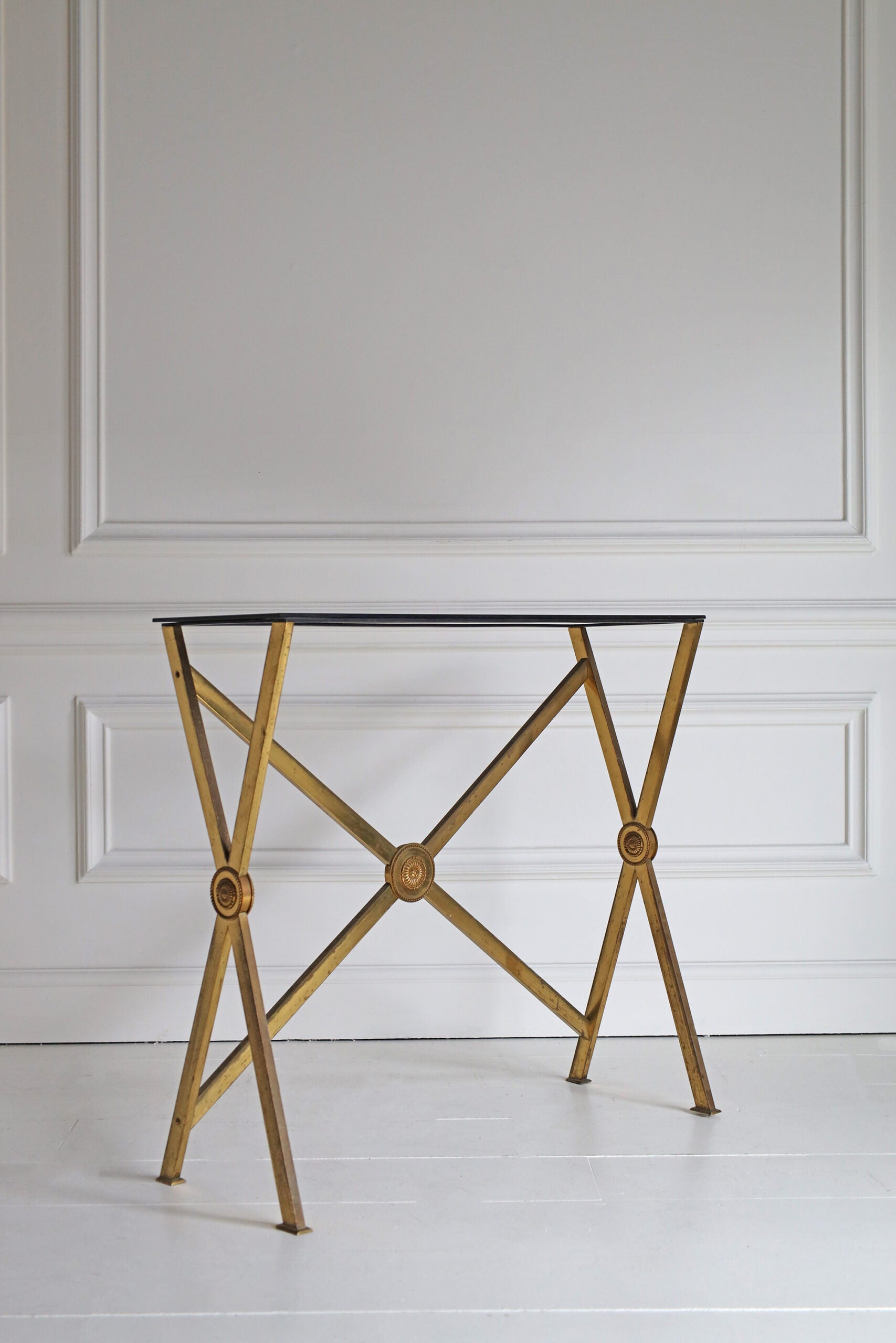 Vintage French Brass Console with Black Glass Top