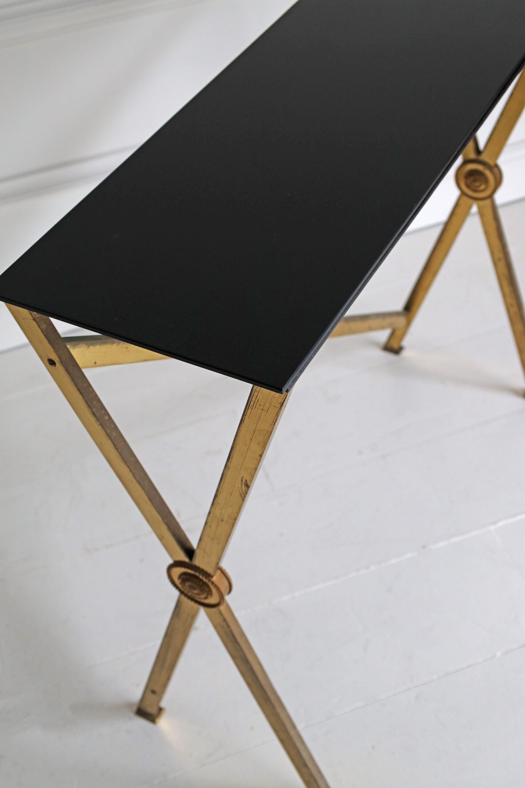 Vintage French Brass Console with Black Glass Top