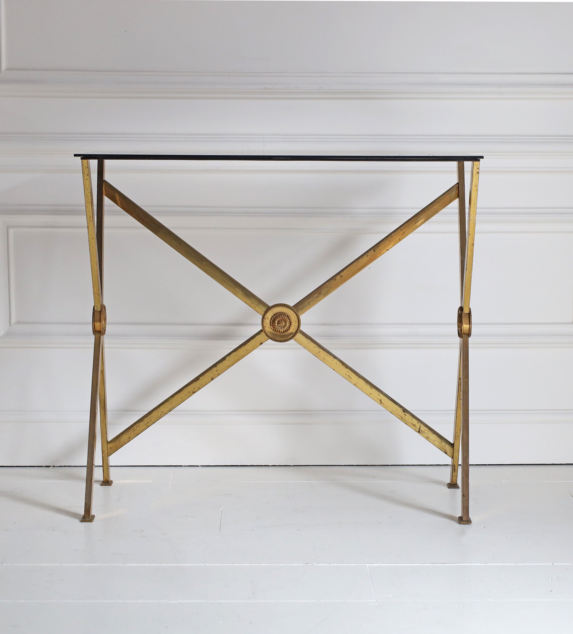 Vintage French Brass Console with Black Glass Top