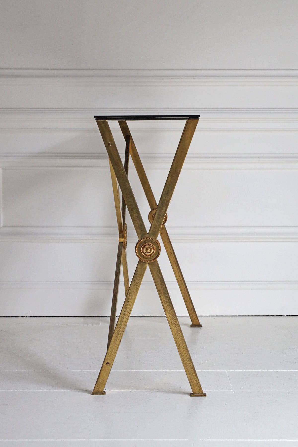 Vintage French Brass Console with Black Glass Top
