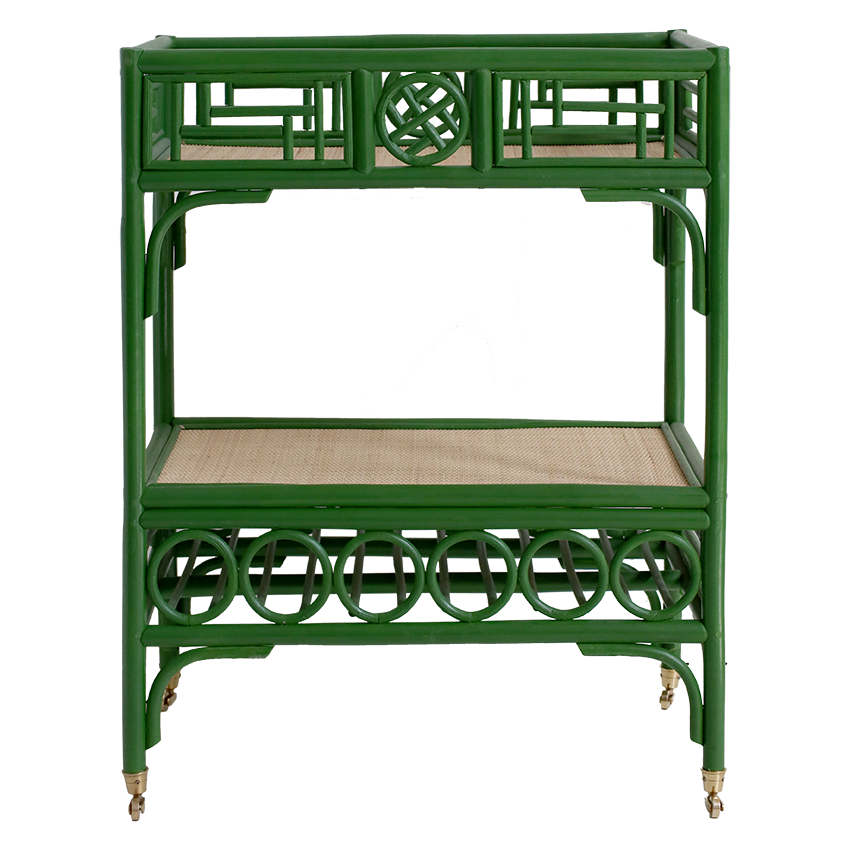 Green rattan bar cart with woven top and bottom shelf on a white background