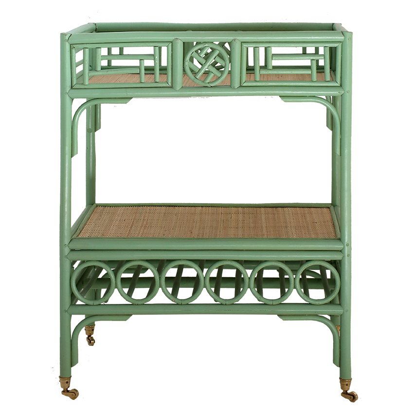 Green rattan bar cart with woven top and bottom shelves on a white background