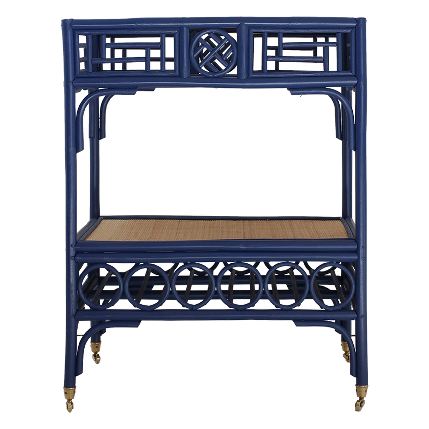 Blue rattan lattice-style chair with a woven seat on a white background