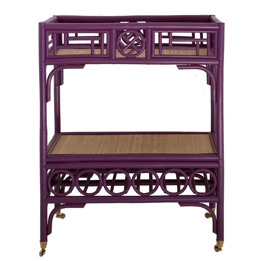 Purple rattan bar cart with woven top shelf on a white background