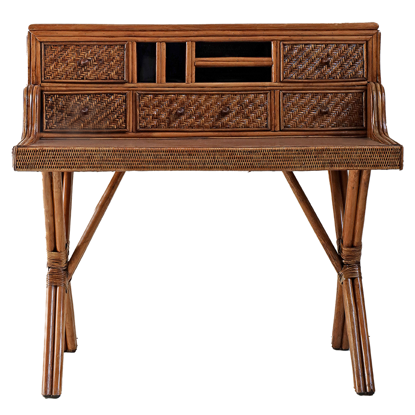 Wicker desk with multiple drawers on a white background