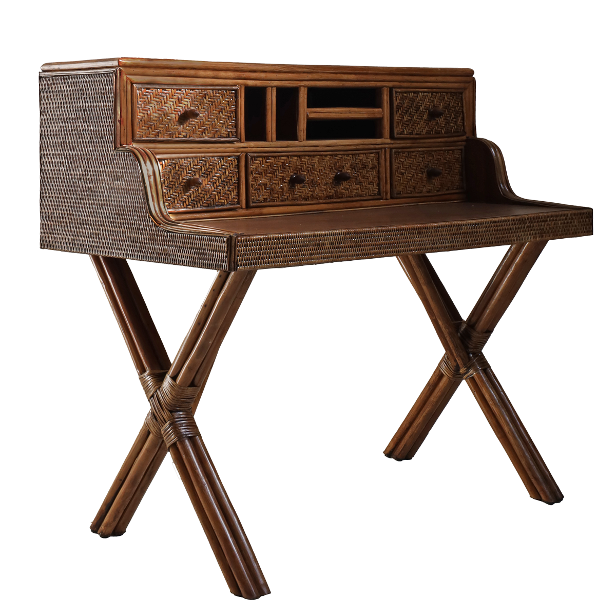 Wooden desk with wicker accents on a white background