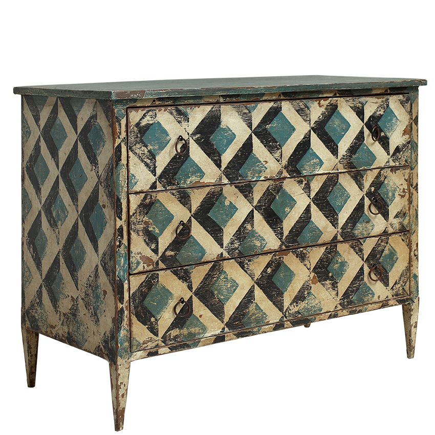Decorative dresser with geometric pattern on a white background