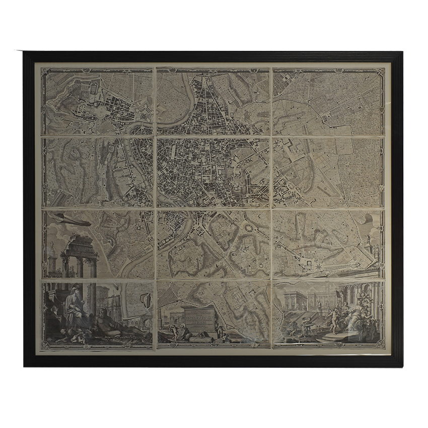 A framed vintage-style city map artwork displayed on a plain white background. The map is rendered in sepia and gray tones with a grid layout and detailed street and architectural illustrations.